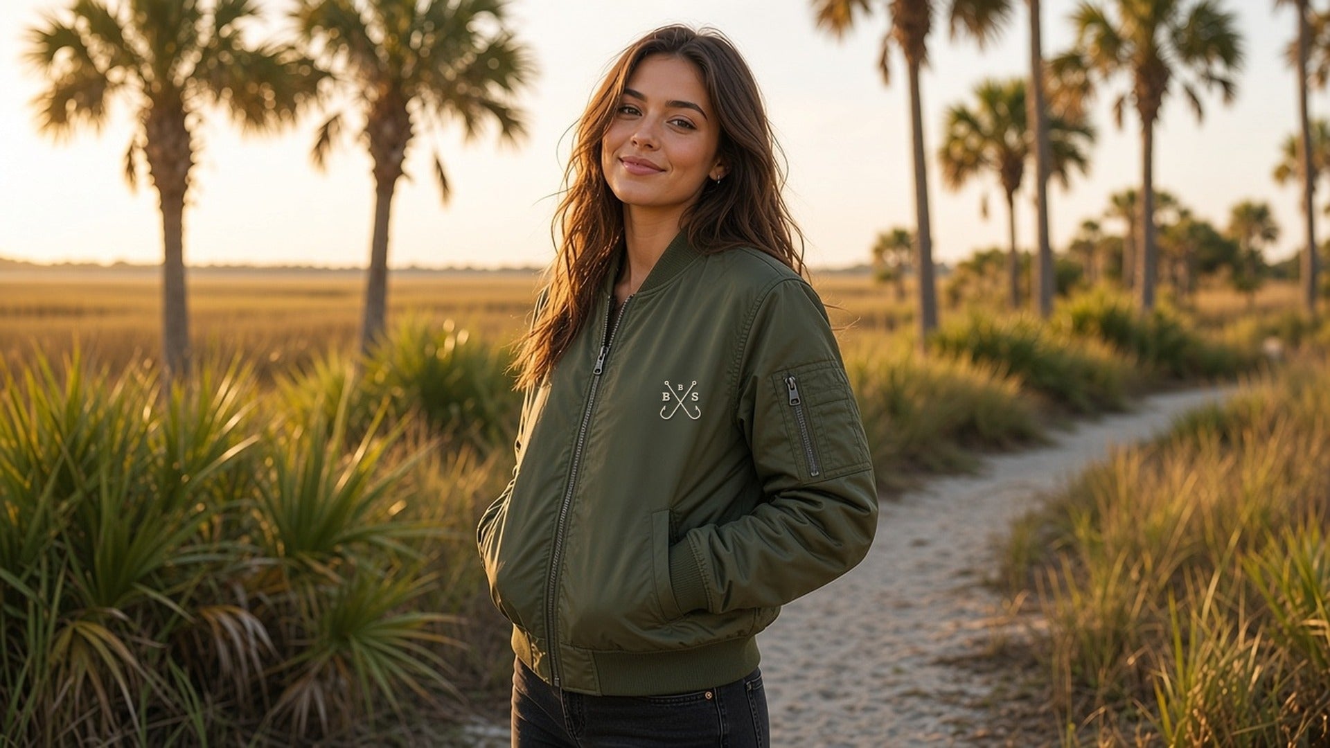 Redfish Bomber jacket with small hooks embroidery on left chest, concept mockup