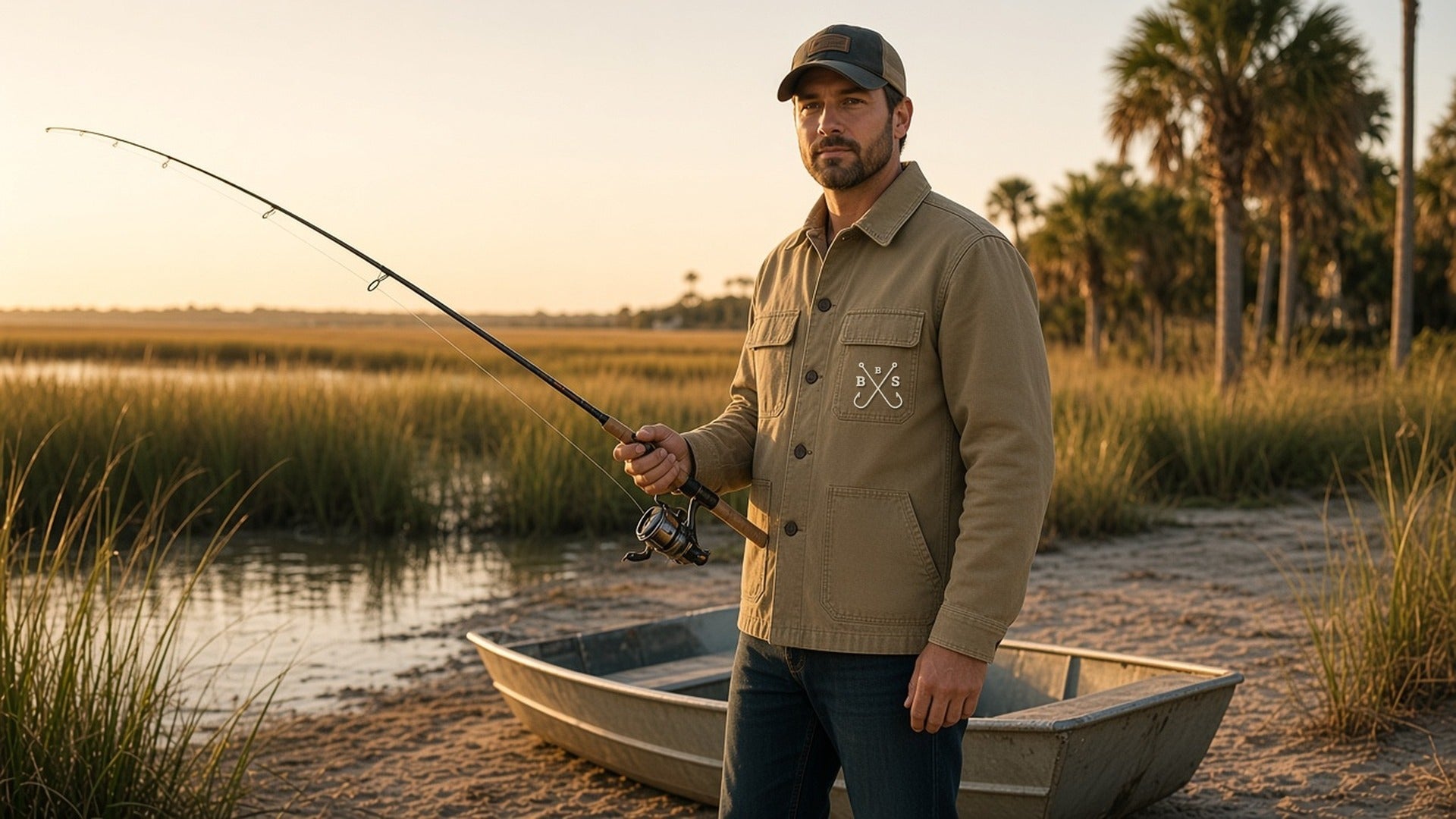 Tarpon Chore jacket with small hooks embroidery on chest pocket, concept mockup