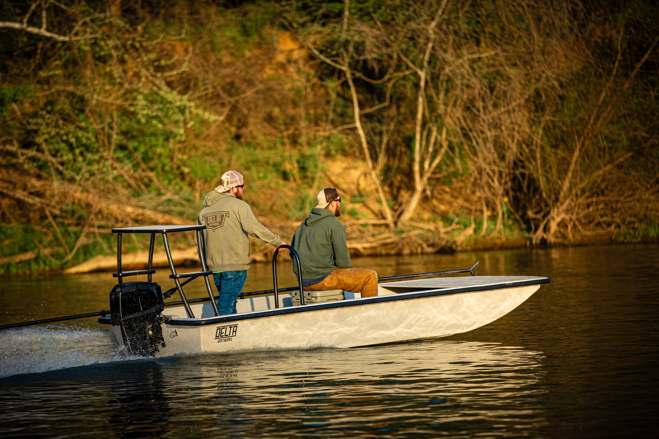 Delta Boatworks D1550 tiller-steer flats skiff with poling tower